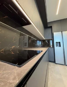 sleek dark European kitchen remodel in Tustin