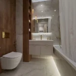 bathroom remodel Dana Point gold fixtures and pendant lights