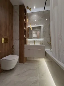 bathroom remodel Dana Point gold fixtures and pendant lights