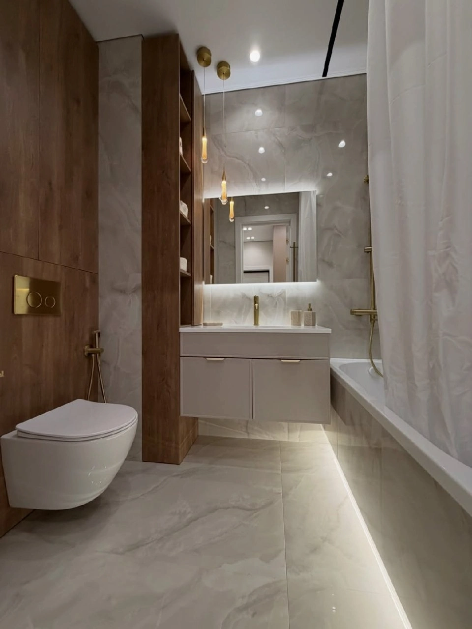 bathroom remodel Dana Point gold fixtures and pendant lights