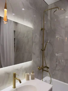 bathroom remodel Dana Point gold shower fixtures