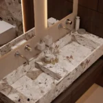 Costa Mesa bathroom remodel with stone-look slab wall