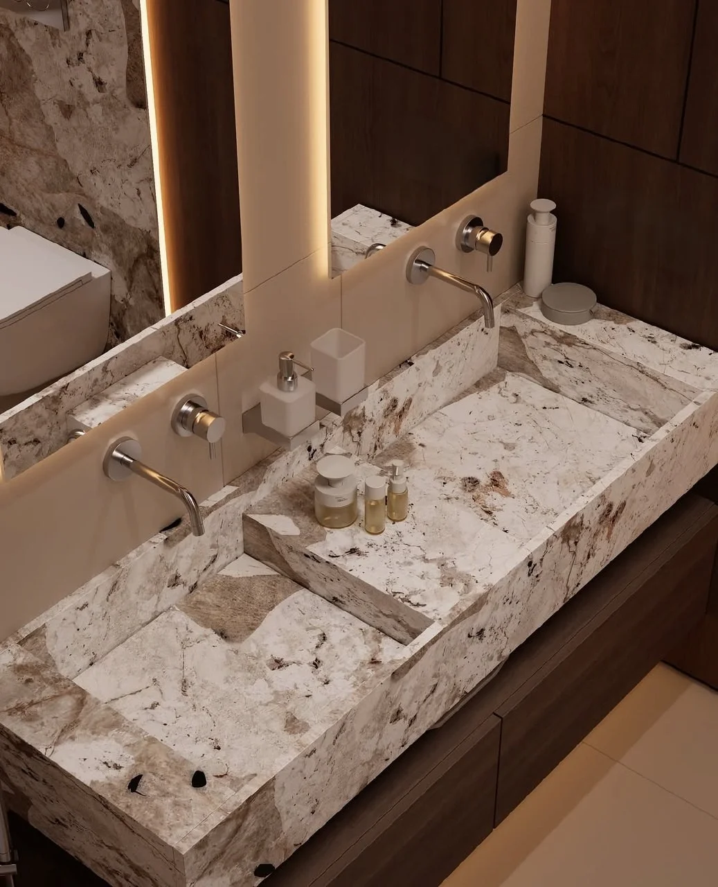 Costa Mesa bathroom remodel with stone-look slab wall