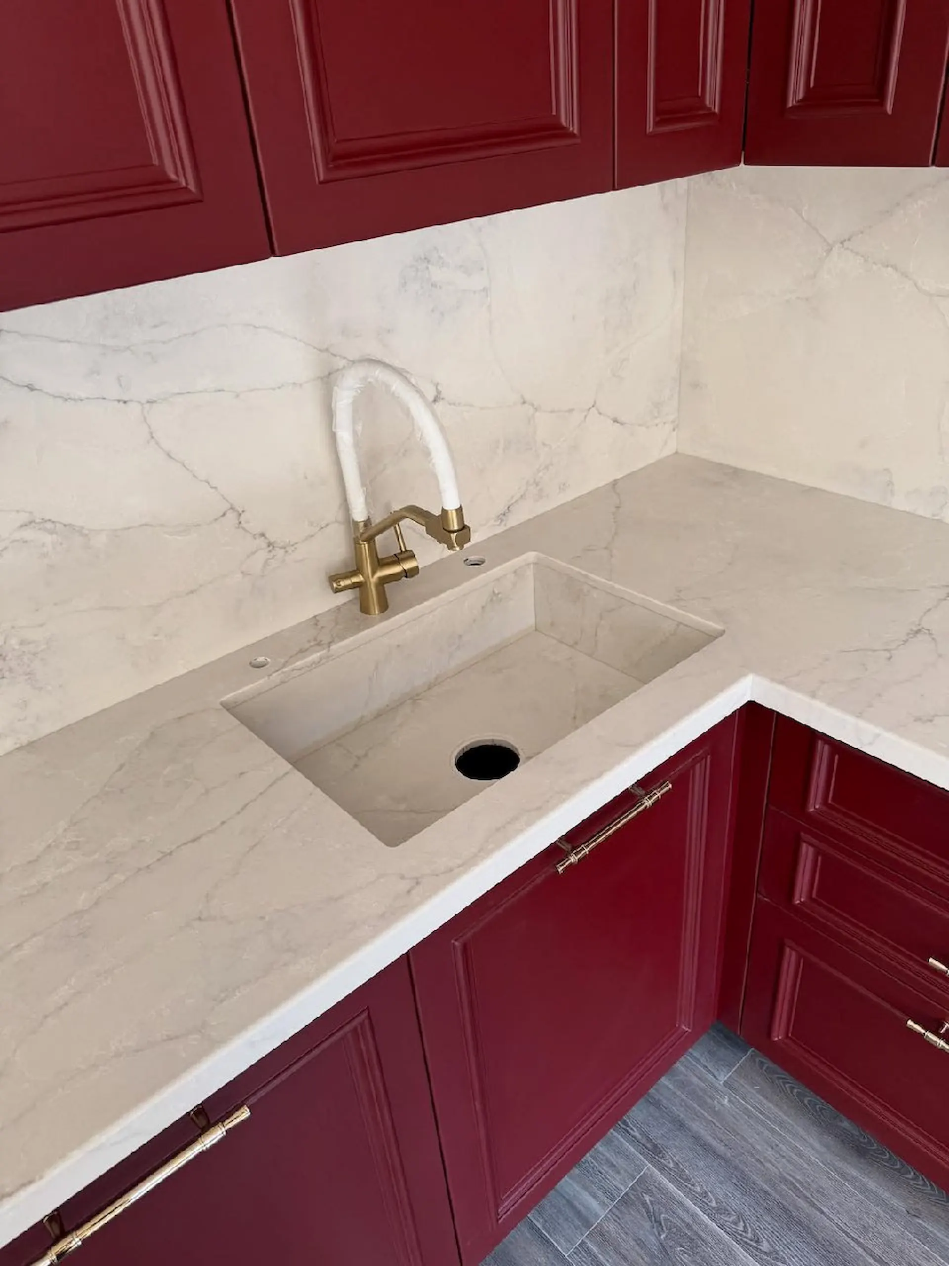 kitchen remodel Newport Beach burgundy cabinet installation